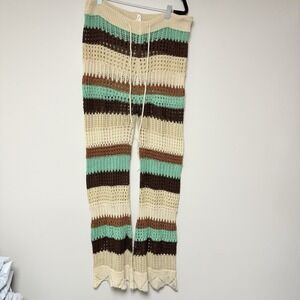Earthbound Trading Co Crochet Striped Lounge‎ Pants XL Cream Brown Mint Boho